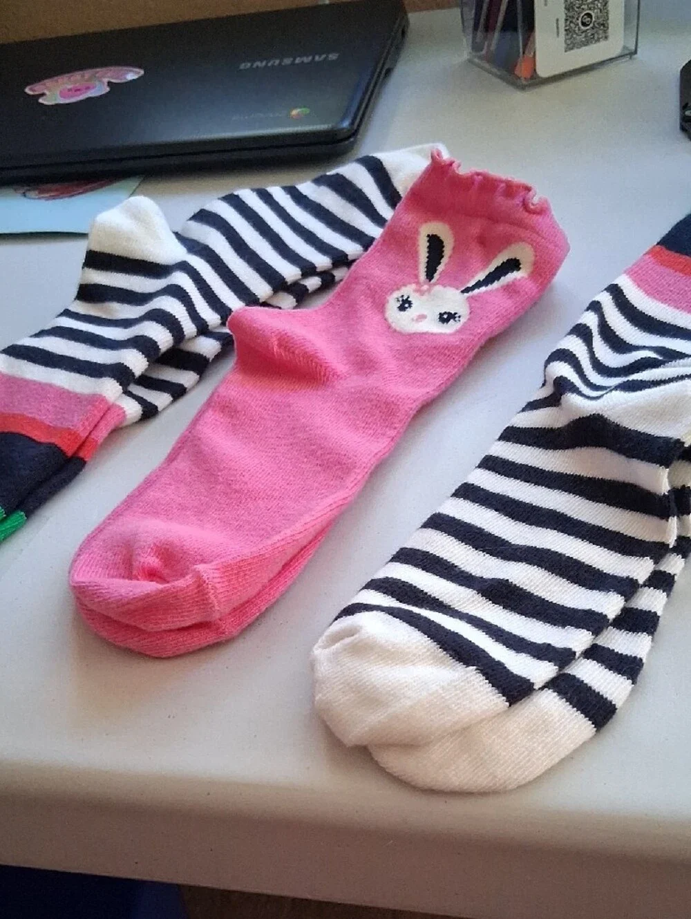 Gymboree Trio Pink Bunny Knee-High Socks with Stripes.